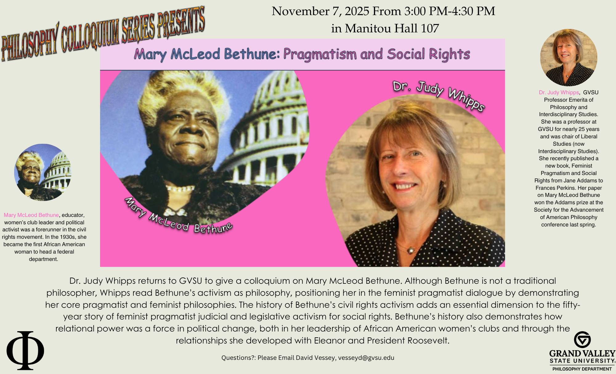 The Philosophy Colloquium Series Presents Mary McLeod Bethune: Pragmatism and Social Rights November 7, 2025 From 3:00 PM-4:30 PM in Manitou Hall 107